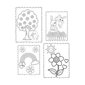 Puede incluir: Cuatro p&aacute;ginas para colorear en blanco y negro con temas de primavera y Pascua. Una p&aacute;gina muestra un &aacute;rbol con flores y un patito. Otra representa dos conejitos. Una tercera muestra un arco&iacute;ris y flores, y la &uacute;ltima tiene una flor, un sol y corazones.