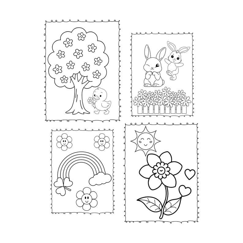 Puede incluir: Cuatro p&aacute;ginas para colorear en blanco y negro con temas de primavera y Pascua. Una p&aacute;gina muestra un &aacute;rbol con flores y un patito. Otra representa dos conejitos. Una tercera muestra un arco&iacute;ris y flores, y la &uacute;ltima tiene una flor, un sol y corazones.