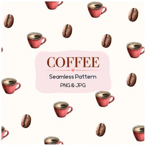 Sömlöst mönster med kaffe, PNG JPG, digitalt papper för akvarellkaffe, mönster med kaffekopp, cafémönster, utskrivbart mönster, tygmönster