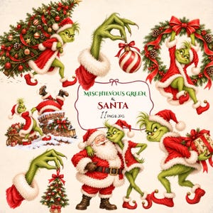 May include: A digital collection of illustrations featuring a green creature in a red Santa suit, a Santa Claus figure, Christmas trees, wreaths, and ornaments. The central text reads MISCHIEVOUS GREEN & SANTA 11 PNG & JPG.