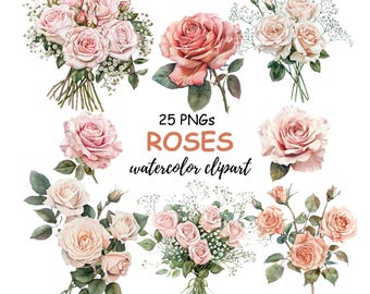 Può includere: Clipart ad acquerello con varie composizioni di rose rosa. L'immagine include bouquet, singoli fiori e rametti di rose con foglie verdi e delicati fiori bianchi. Il testo recita "25 PNGs ROSES watercolor clipart."