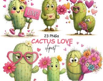 Cactus Valentine's Day Whimsical Clipart, Love Graphics, Green Cactus PNG, Cute Cactus Couple, Romantic Cactus Graphics