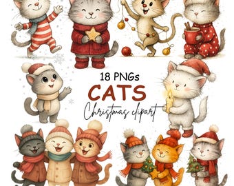 Christmas Cats Clipart, Cute Holiday, Festive graphics, Christmas card, Watercolor Christmas Cat Bundle, digital download 18 pngs.