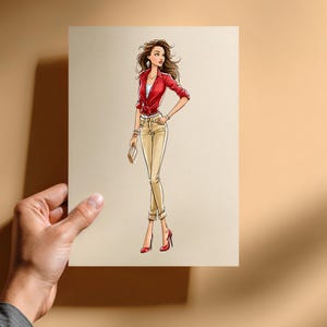 May include: A fashion illustration on paper depicting a figure with long brown hair wearing a red button-down shirt tied at the waist, a white undershirt, beige slim-fit trousers, and red high-heeled shoes. The figure holds a small clutch bag.