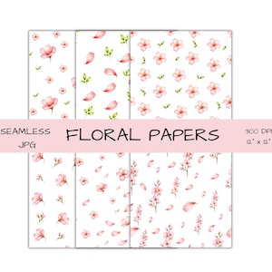 Puede incluir: Papeles florales sin costuras con varios patrones. Los diseños presentan flores rosas, pétalos y hojas verdes sobre un fondo blanco. El texto "FLORAL PAPERS" se muestra en una pancarta rosa. Los papeles miden 30,48 cm x 30,48 cm y 300 DPI.