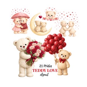 Clipart de amor de osito, ositos de peluche para San Valentín, ositos de amor tiernos, gráficos de San Valentín, descarga digital - 21 PNG