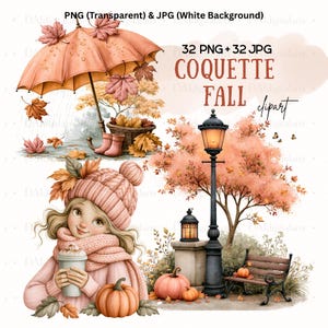 May include: Digital clipart set featuring autumn themes including a peach umbrella with falling leaves, a person in a pink knit hat and scarf holding a cup, a street lamp, a park bench, and pumpkins with the text PNG (Transparent) & JPG (White Background) 32 PNG + 32 JPG COQUETTE FALL clipart.
