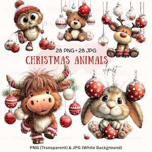 Peut inclure: Une collection numérique d'animaux de Noël incluant un hibou, un ours, un renne, une vache highland et un lapin, décorés d'ornements rouges et blancs. Le texte indique 28 PNG + 28 JPG CHRISTMAS ANIMALS clipart PNG (Transparent) & JPG (White Background).