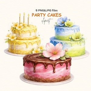 Watercolor Birthday Cake Clipart, Floral Party Cake (Digital Download, 9 PNG & JPG Files)