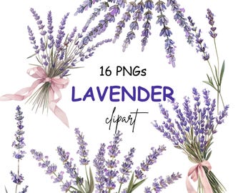 Lavender Flowers Watercolor Clipart, Lavender Graphics, Purple Floral Botanical Clipart, Wedding Flowers, Provence Lavender - 16 PNGs