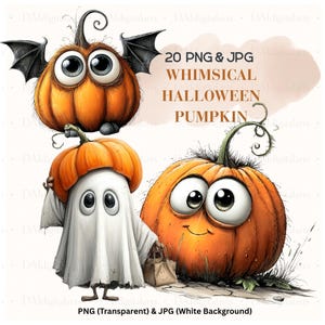 Puede incluir: Ilustración digital con temática de Halloween con tres calabazas de dibujos animados. Una calabaza tiene alas de murciélago, otra es un fantasma y la tercera tiene una cara sonriente. Incluye el texto "20 PNG & JPG WHIMSICAL HALLOWEEN PUMPKIN".
