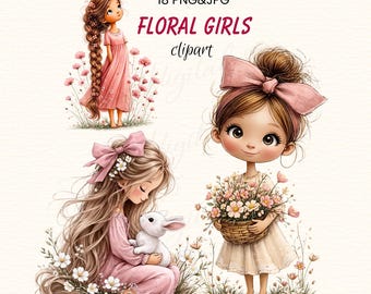 Girls and Flowers Clipart, Flower Girl Graphics, Whimsical Spring Girl PNG, Floral Girl Illustration, Nursery Decor, Digital-18 PNG JPG