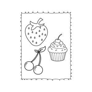 Puede incluir: Ilustraci&oacute;n en blanco y negro de una fresa, cerezas y una magdalena con una cereza encima. Las im&aacute;genes est&aacute;n dentro de un borde decorativo.