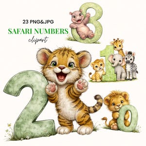 Può includere: Clipart ad acquerello con animali della savana e numeri. L'immagine include un cucciolo di tigre con il numero 2, un ippopotamo con il numero 3 e un cucciolo di leone con il numero 0. Il numero 1 è circondato da una giraffa, un elefante e una zebra. Il testo recita "Safari Numbers Clipart".