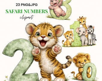 May include: Watercolor clipart featuring safari animals and numbers. The image includes a tiger cub with the number 2, a hippo with the number 3, and a lion cub with the number 0. The number 1 is surrounded by a giraffe, elephant, and zebra. The text reads "Safari Numbers Clipart".