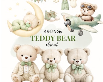 May include: A digital collection of 49 PNG teddy bear clipart images featuring bears in various poses, including sleeping on a crescent moon, flying a green airplane, and wearing formal suits with green bow ties, alongside baby clothing and bunting.