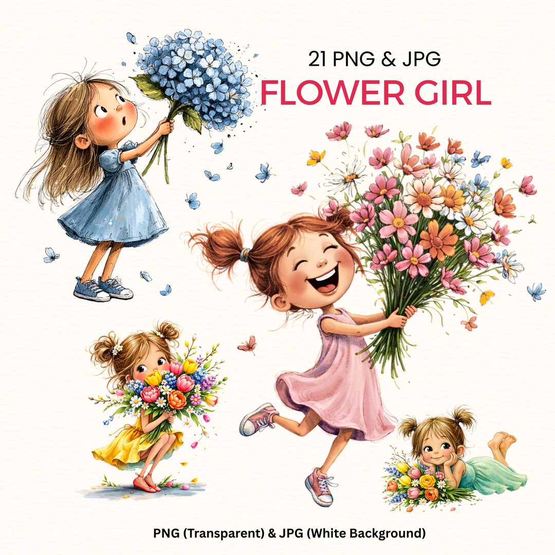 Flower Girl Clipart Set, Watercolor Girls With Flowers PNG, Nursery ...