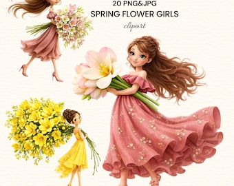Spring Flower Girls Clipart Set PNG, Floral Girl, Whimsical Spring Illustration, Bouquet Girls Clip Art, 20 Images Digital Download