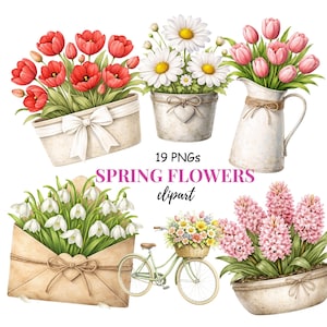 Peut inclure: Illustrations à l'aquarelle de fleurs de printemps, dont des tulipes rouges, des marguerites blanches et des tulipes roses, dans divers contenants. Un vélo avec un panier de fleurs et une enveloppe avec des perce-neige sont également présentés. Le texte "SPRING FLOWERS clipart" est inclus.
