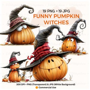 Puede incluir: Un conjunto de ilustraciones digitales titulado FUNNY PUMPKIN WITCHES que incluye 19 archivos PNG y 19 JPG. La obra muestra calabazas naranjas con sombreros de bruja gris oscuro desgastados y bandas de cuadros rojos con diversas expresiones.