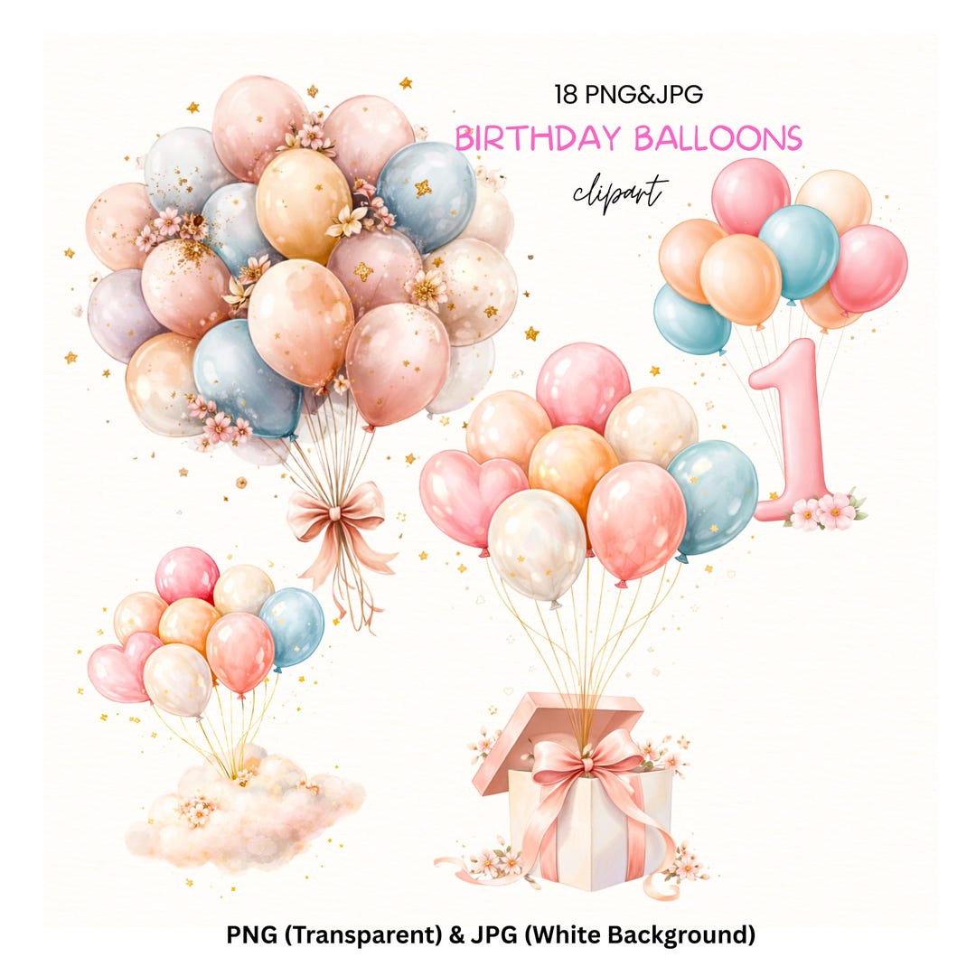 Birthday Balloons Clipart PNG, Pastel Balloon Clipart, Baby Birthday ...