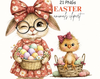 Easter Animals Clipart, Spring Bunny Lamb Chick Graphics (Digital Download 21 PNG&JPG)
