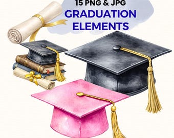 Imágenes prediseñadas de birrete de graduación (PNG), imágenes prediseñadas de sombrero de graduación, imágenes prediseñadas de diploma, paquete de elementos de graduación académica (digital) - 15 imágenes PNG y JPG