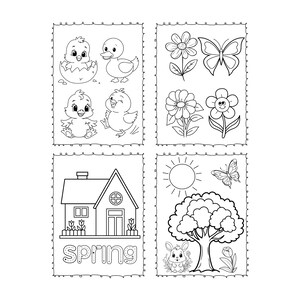 Puede incluir: Ilustraciones en blanco y negro con temas de primavera. Incluye pollitos, un patito, flores, una mariposa, una casa, un sol, un &aacute;rbol y un conejito. La palabra "SPRING" est&aacute; escrita en una fuente decorativa.
