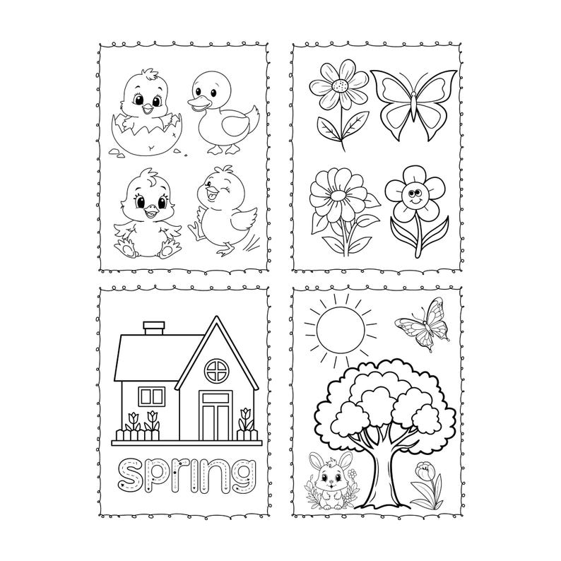 Puede incluir: Ilustraciones en blanco y negro con temas de primavera. Incluye pollitos, un patito, flores, una mariposa, una casa, un sol, un &aacute;rbol y un conejito. La palabra "SPRING" est&aacute; escrita en una fuente decorativa.