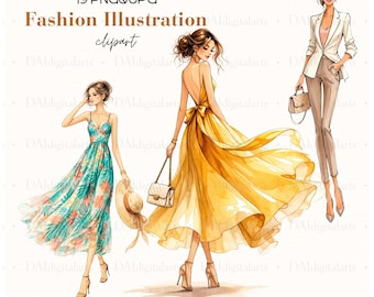 Fashion Illustration Clipart PNG&JPG, Watercolor Fashion Girls PNG, Stylish Women, Chic Outfit Illustrations, Fashion Sketch, Commercial Use