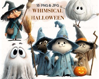 May include: A digital illustration set featuring a witch, a white pumpkin character, a ghost, and three cats dressed as wizards. The text reads 18 PNG & JPG WHIMSICAL HALLOWEEN and PNG (Transparent) & JPG (White Background).