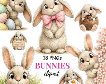 Könnte beinhalten: Eine Sammlung von 18 PNGs mit entzückenden Cartoon-Hasen in verschiedenen Posen. Einige Hasen halten Ostereier, ein Schild mit der Aufschrift "Happy Easter" und eine Gänseblümchen. Das Wort "Bunnies" ist rosa und "clipart" ist schwarz.