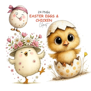 Påskfestlig nyckfull, söt bedårande grafik, ägg och kyckling rolig clipart, baby kyckling akvarell clipart, vårpåskgrafik