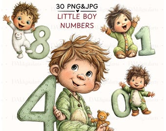 Imágenes prediseñadas de números para bebé niño en formato PNG, imágenes prediseñadas de números para niños pequeños del 0 al 9, números lindos para bebés, imágenes prediseñadas para guardería, números para niños, descarga digital (30 imágenes PNG y JPG).