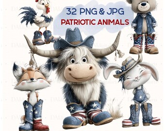 Patriotic Animals Clipart Bundle, 4th of July Animal PNG JPG, Americana Clipart, Cute Animals, Summer Sublimation Design, Digital Download