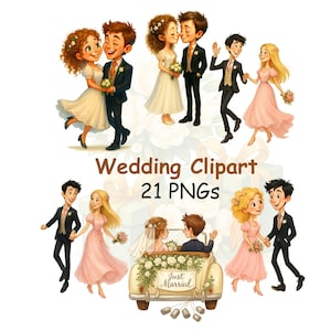 May include: A collection of cartoon wedding clipart images. The images include couples in wedding attire, a vintage car with a "Just Married" sign, and the text "Wedding Clipart 21 PNGs". The illustrations feature a soft color palette.