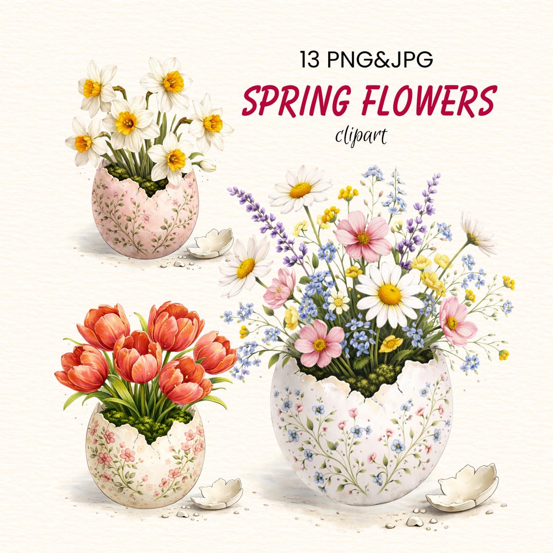 Spring Flowers Clipart Set, Easter Egg Floral PNG, Watercolor Bouquet ...