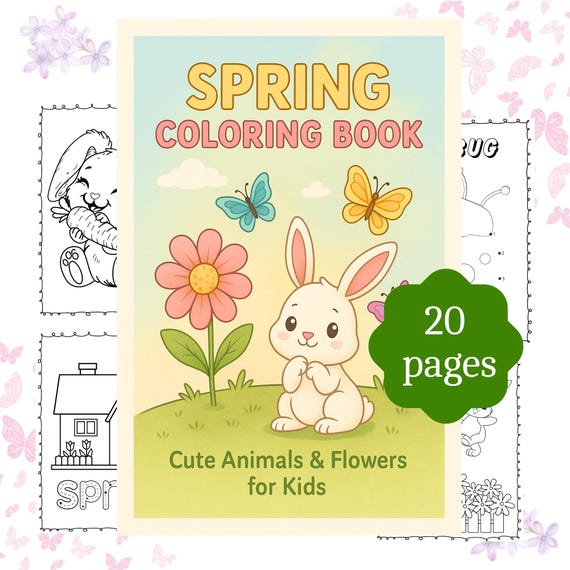 Spring Coloring Book for Kids, Printable Spring Activity Book, Cute Animals, Flowers Coloring Pages, Digital Download - PDF PNG