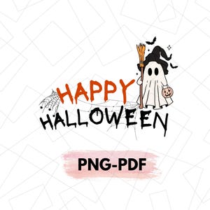 Peut inclure: Graphique sur le thème d'Halloween avec les mots "Happy Halloween" en orange et noir, accompagné d'un fantôme de dessin animé tenant un balai et une lanterne citrouille. Le design comprend des toiles d'araignées et des chauves-souris.