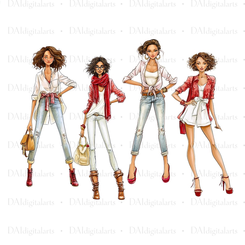 May include: A digital illustration featuring four figures in stylish outfits. The first wears a white shirt, jeans, and red boots. The second has glasses, a red scarf, white pants, and brown boots. The third wears a white top, shirt, and jeans. The fourth wears a red jacket, white shorts, and red heels.
