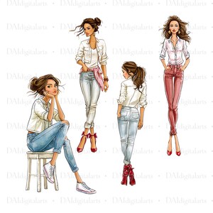 May include: A digital illustration featuring four figures in various poses. One figure sits on a white stool wearing a white jacket and blue jeans. Another stands in a white jacket and jeans with a pink shirt tied at the waist. Two others stand wearing white shirts with blue or red trousers.