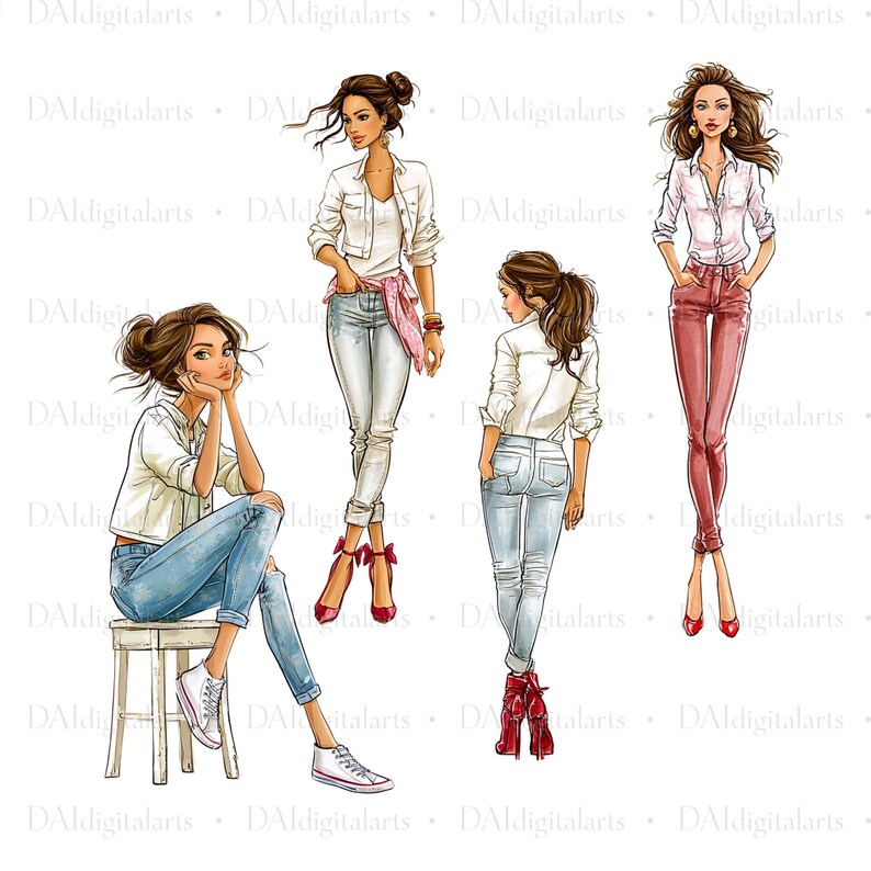 May include: A digital illustration featuring four figures in various poses. One figure sits on a white stool wearing a white jacket and blue jeans. Another stands in a white jacket and jeans with a pink shirt tied at the waist. Two others stand wearing white shirts with blue or red trousers.