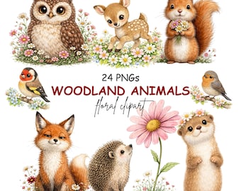 Imágenes prediseñadas florales de animales del bosque: gráficos para guardería, PNG de animales del bosque florales, descarga digital - 24 PNG