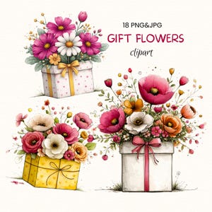 Könnte beinhalten: Aquarellillustration von drei Geschenkboxen gefüllt mit bunten Blumen. Die Blumen sind in Rosa, Weiß und Gelb gehalten. Die Boxen sind mit Punkten, Herzen und Bändern verziert. Der Text lautet "GIFT FLOWERS clipart".