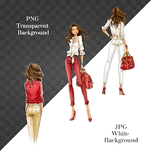 May include: Three fashion illustrations of figures with long brown hair. One figure wears a white button-down shirt and red pants with a red bag. Another wears a red shirt and beige pants. The third wears a white shirt and white pants with a red bag.