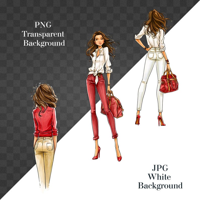 May include: Three fashion illustrations of figures with long brown hair. One figure wears a white button-down shirt and red pants with a red bag. Another wears a red shirt and beige pants. The third wears a white shirt and white pants with a red bag.