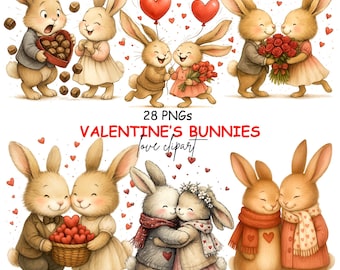 Imágenes prediseñadas de conejitos de San Valentín, paquete PNG de adorables conejos enamorados, pareja romántica, gráficos para guardería, descarga digital - 28 PNG