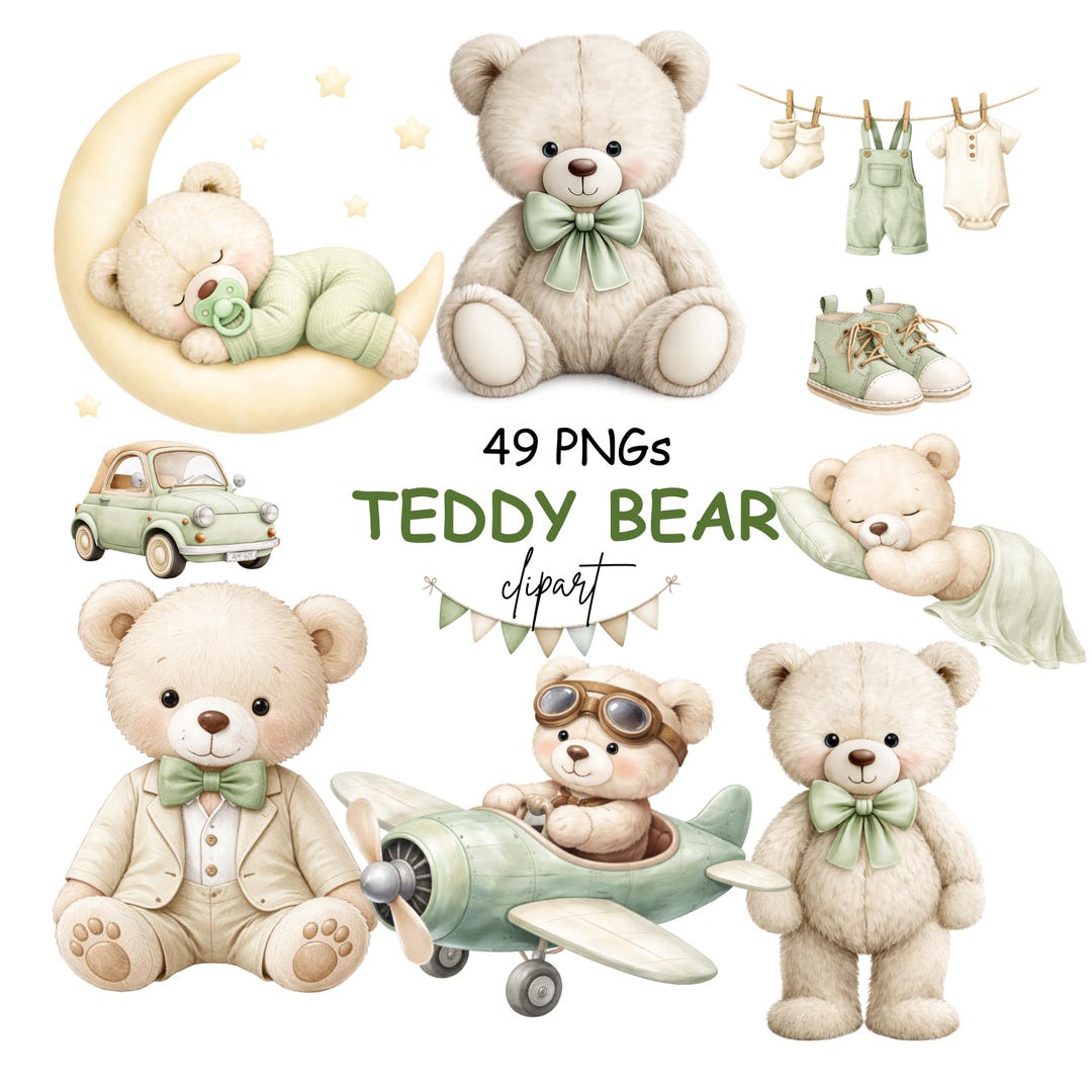 Watercolor Teddy Bear Clipart, Green Nursery Graphics (49 Pngs) - Etsy