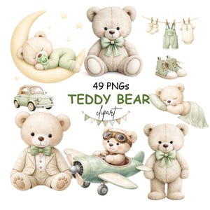 Peut inclure: Ensemble de cliparts d'ours en peluche à l'aquarelle, dans diverses poses et tenues. L'image comprend un ours en peluche sur un croissant de lune, un ours en peluche en costume et un ours en peluche dans un avion. Le texte "49 PNGs TEDDY BEAR clipart" est également visible.