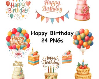 Happy Birthday Clipart PNG Bundle, Watercolor Party Decor (Digital Download), Cake decor, Printable cards.